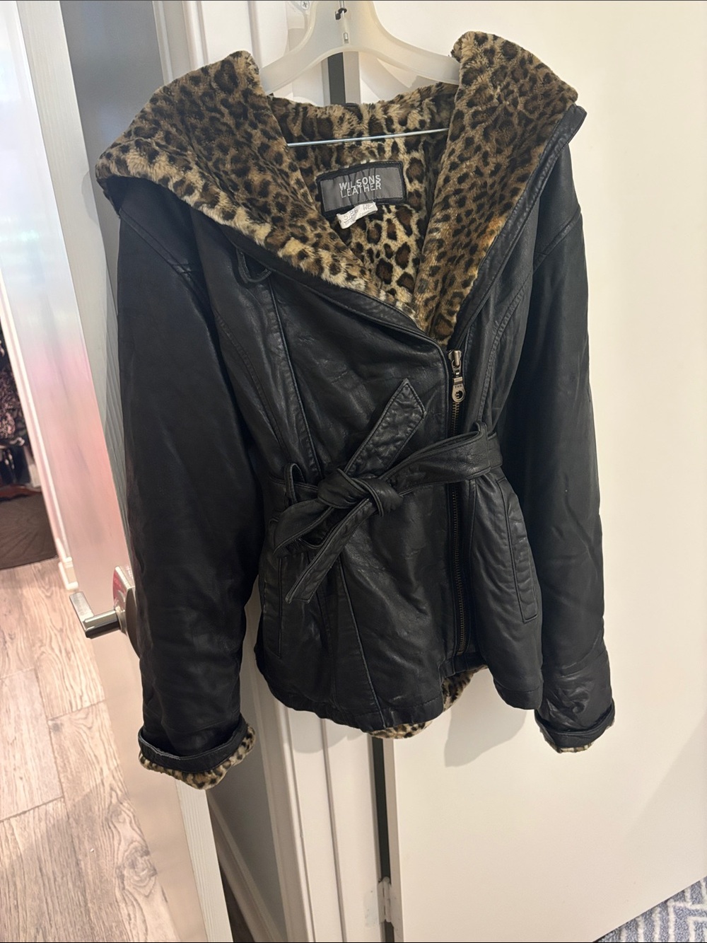 Wilsons Leather Black Leather Jacket with Leopard Faux Fur Trim